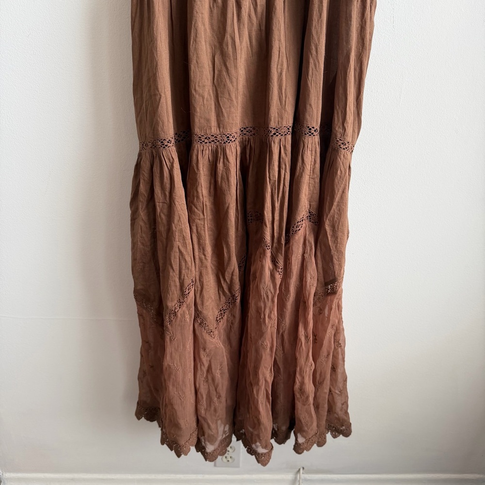 Free People Trails End Skirtall Lace Crochet Overalls Maxi Dress Size XL Brown - Picture 4 of 6